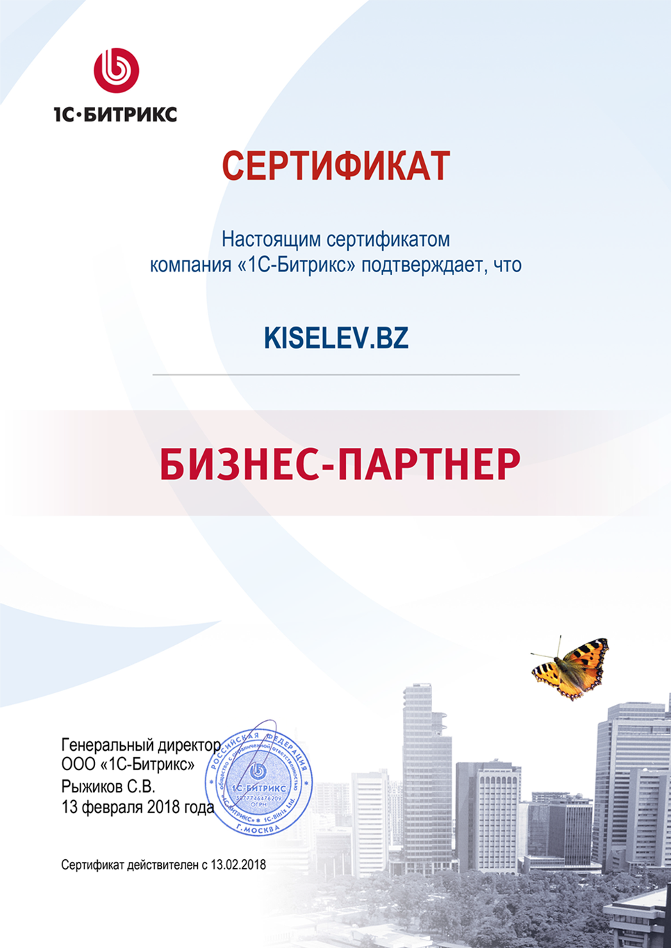 Сертификат партнёра по СРМ системам в Оленегорске